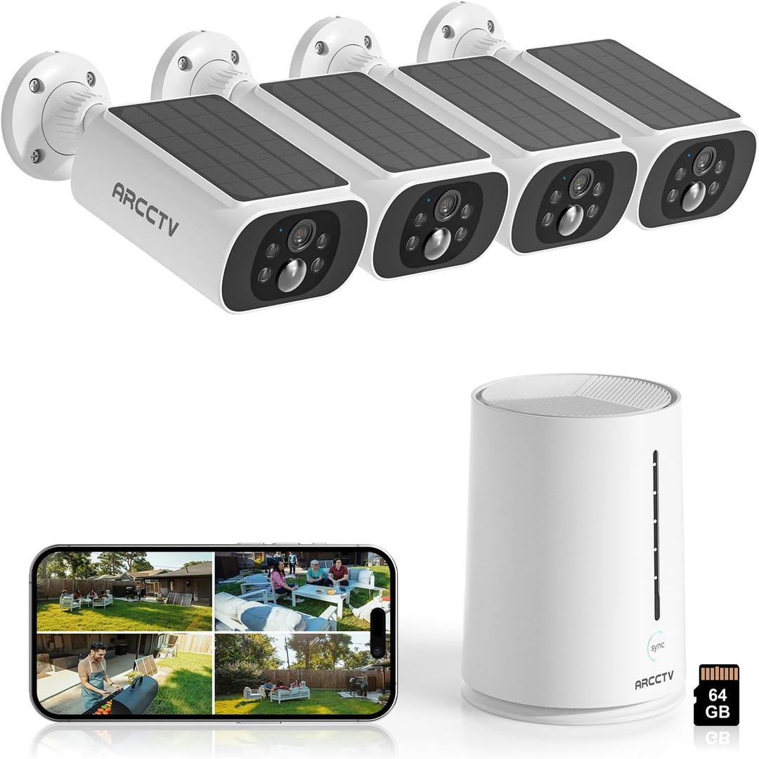 Solar Security Cameras Wireless Outdoor, No Monthly Fee, 4-Camera Bullet Home Security System with Base Station, 2K Video, Local Storage, PIR Motion Alerts, Color Night Vision, Active Siren