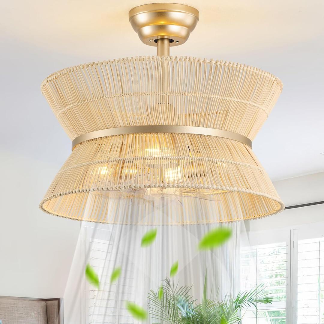 20" Rattan Boho Ceiling Fans with Lights, Caged Fandelier Ceiling Fan with Light Remote Control, Enclosed with 6 Speeds for Bedroom, Nursery, Living Room (Beige)