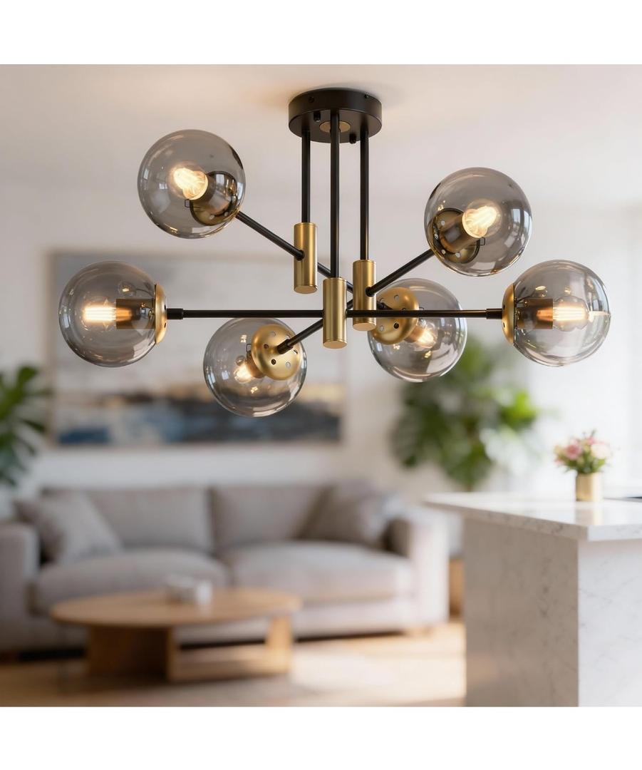 6-Light Sputnik Chandelier Modern Matte Black and Gold Ceiling Light, Glass Globe Hanging Light Fixture for Dining Room, Kitchen Island, Bedroom, Living Room