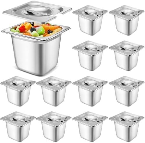 Maxcheck 12 Pcs Stainless Steel Hotel Pan with Lids 1/6 Size Chafing Steam Table Catering Pans with Notched Cover Commercial Stackable Metal Steamer for Buffet Party Storage Food(5.9 Inch)