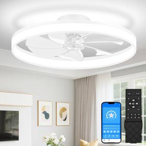 VOLISUN Low Profile Ceiling Fans with Lights and Remote, 27.6in Fandelier Ceiling Fan Flush Mount, 3000K-6500K Smart Bladeless LED Fan Light, White Modern Ceiling Fans with Lights for Bedroom