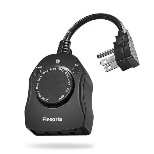 Flexoria Outdoor Timer Outlet Waterproof, Dusk to Dawn Light Sensor Timer, 2 Grounded Electrical Outlets for Christmas Lights, 15A/1875W, ETL Listed