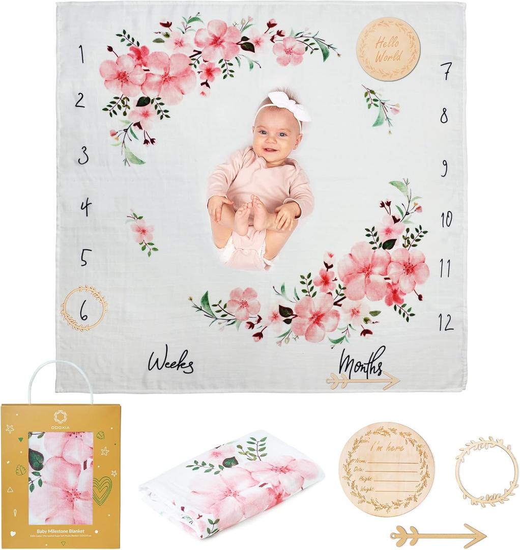 Baby Milestone Blanket | Cotton Muslin Swaddle Blanket | Monthly Photo Mat for Newborn Girl | Cherry Blossom Flowers| Personalised Baby Shower Present for New Mums | Age Mat | Includes Wooden Frames