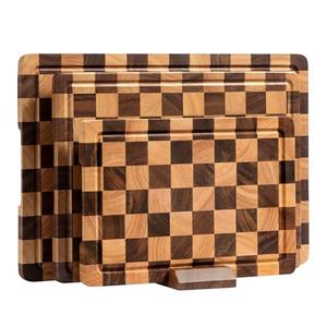 FYCTIO Cutting Board Set, Acacia Wood Checkered Cutting Boards for Kitchen, 3 Pcs Chopping Board with Juice Grooves & Handles, Butcher Block Serving Tray for Meat, Vegetables and Fruits with Gift Box