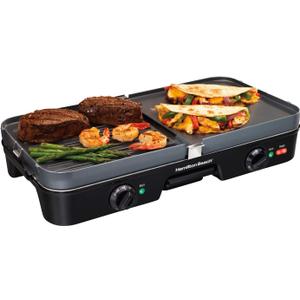 Hamilton Beach 3-in-1 Electric Indoor Grill + Griddle, 8-Serving, Reversible Nonstick Plates, 2 Cooking Zones with Adjustable Temperature (38546), Black