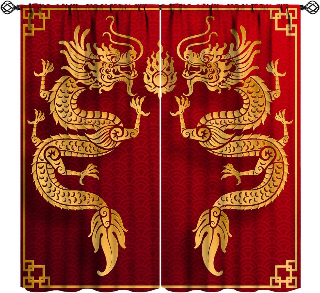 Golden Dragon Curtains Asian Tradition Elements Chinese Dragon Red Background Blackout Window Drapes Living Room 2 Panels 42x63in