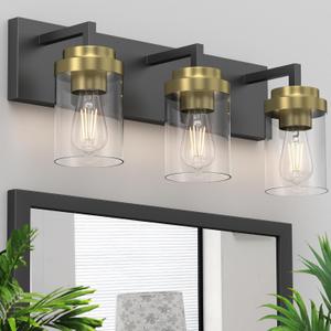 Espird Bathroom Lighting Fixtures, 3-Light Bathroom Vanity Lights Over Mirror, Black and Gold Vanity Light with Glass Shade, Modern Vanity Lighting Fixtures for Bathroom, Bedroom, Hallway