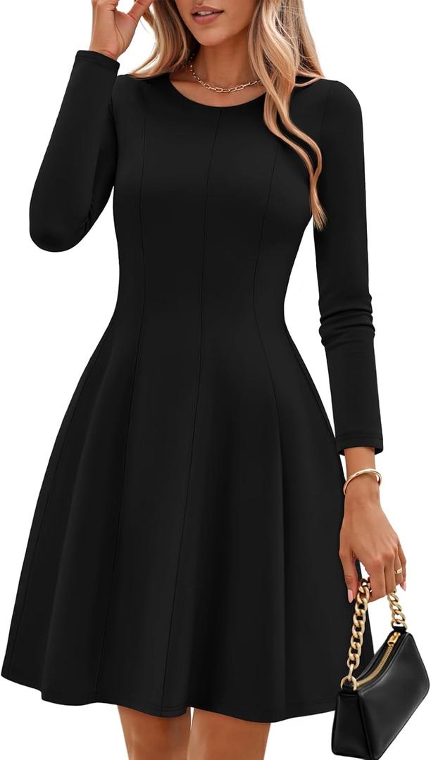 ZESICA Womens Long Sleeve Mini Dress 2026 Fall Crewneck Pleated Babydoll A Line Flowy Wedding Party Short Dresses (Black, L)