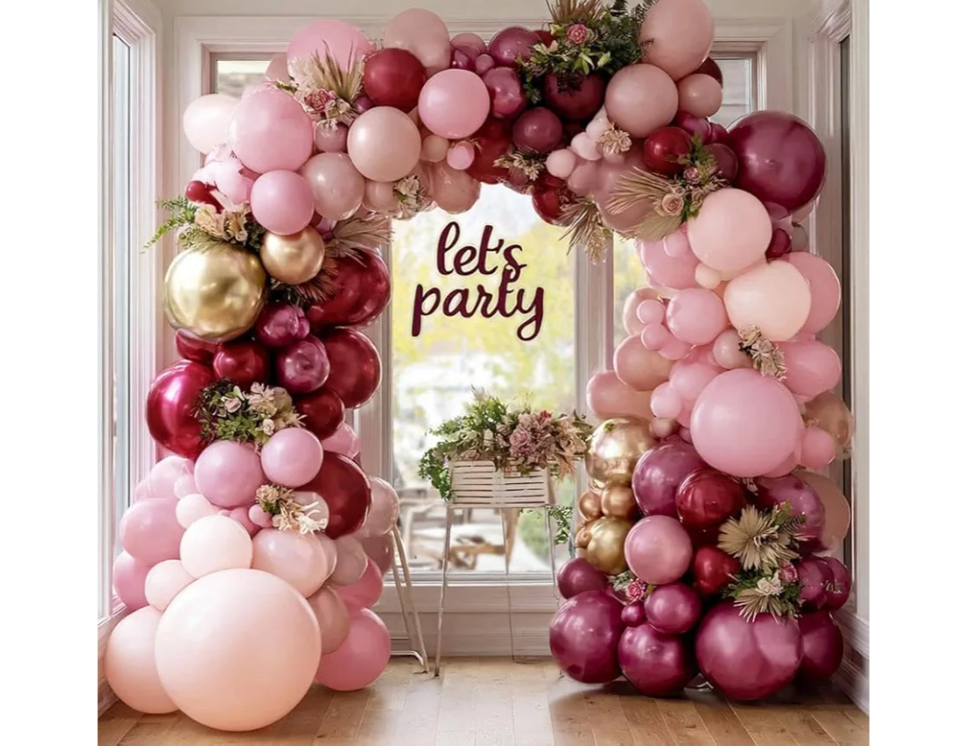 Burgundy Pink Balloon Garland Double Stuffed Pastel Light Pink Gold Mauve Balloons Maroon Lavender Latex Plum Balloon Arch Kit for Birthday Valentine Galentine Wedding Baby Shower Decoration