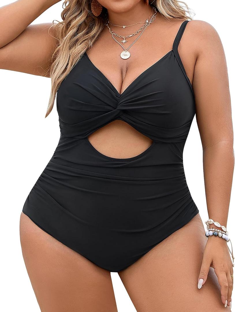 Blooming Jelly Womens Plus Size Bathing Suit Tummy Control One Piece Swimsuit Twist Front Ruched Swimwear (XX-Large, Black)