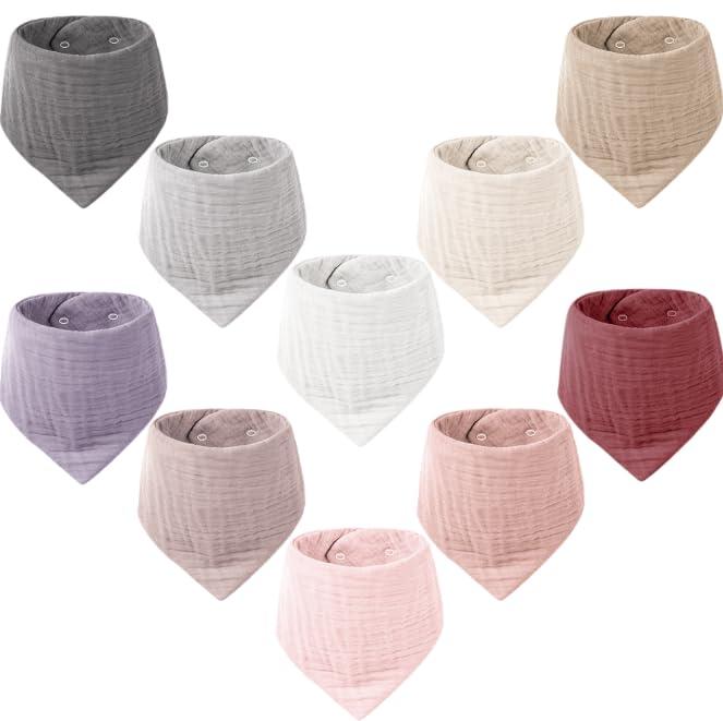 Konssy Muslin Baby Bibs 10 Pack Baby Bandana Drool Bibs 100% Cotton for Unisex Boys and Girls, Soft Absorbent Set for Teething and Drooling (Lavender Gray)