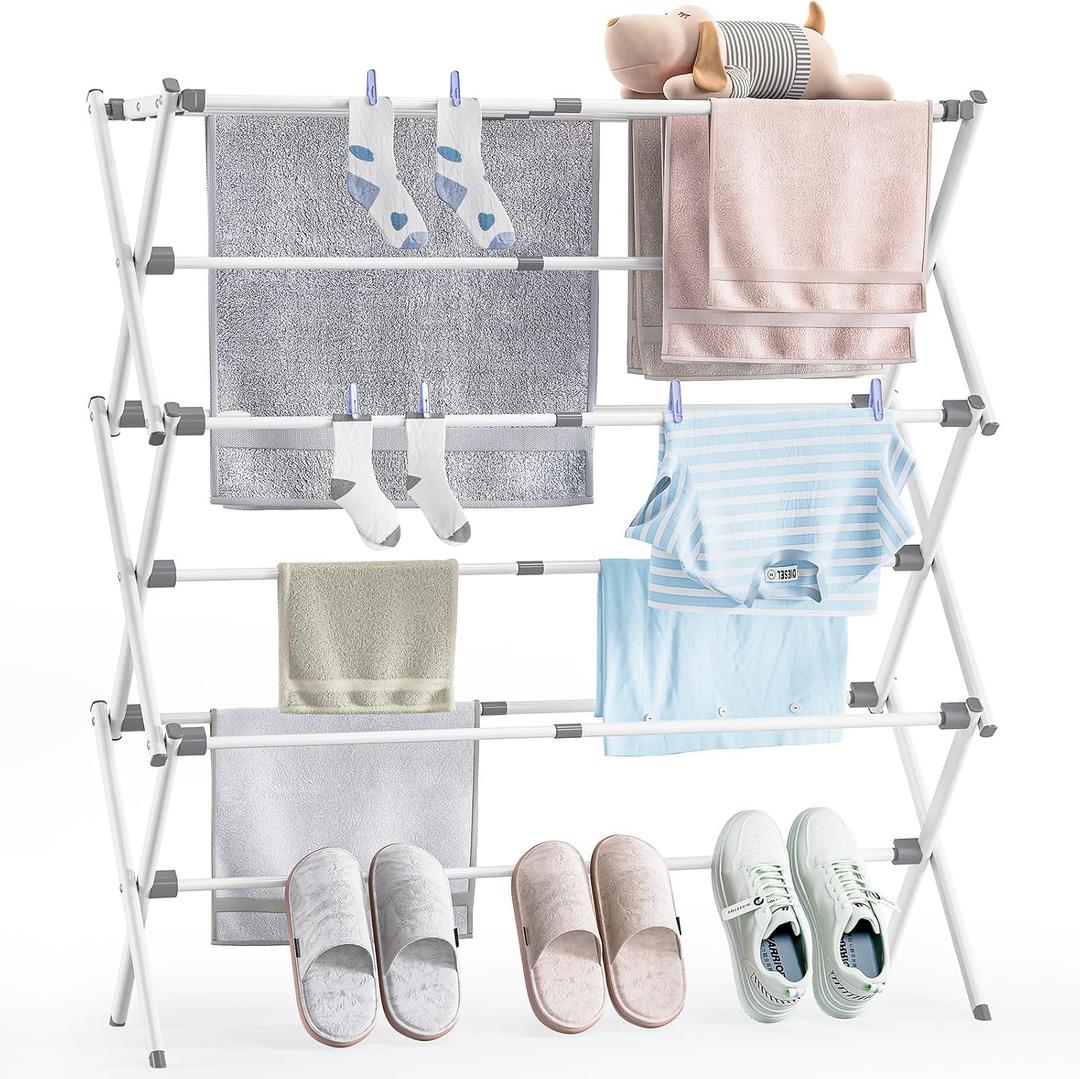 APEXCHASER Clothes Drying Rack, Foldable & Extendable Laundry Rack with Adjustable Size (14.57in-35.43inW), Space-Saving, Rust-Resistant Frame & Floor Protection for Indoor/Outdoor Use, White, Small
