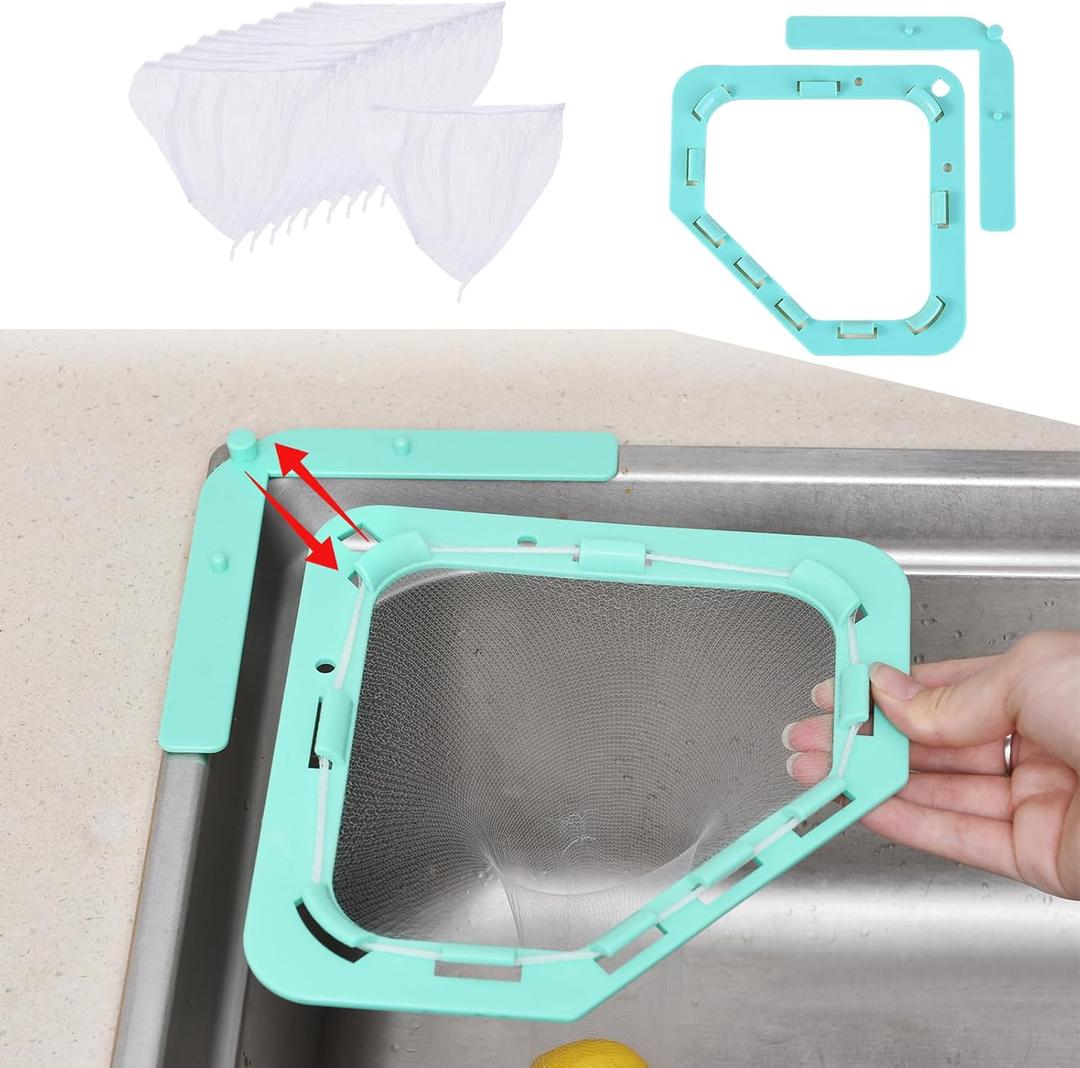 2 x Split disassembly Design, Easy to Clean Small Footprint Triangle Tri-Holder Filter with 200 pcs Sink Strainer Bag - Garbage Rack for Kitchen Food Waste Leftover Garbage (1holder+200Bags)