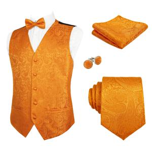 Alizeal Mens 5pcs Paisley Suit Vest Classic Jacquard Button-Down Waistcoat Set, Orange-L
