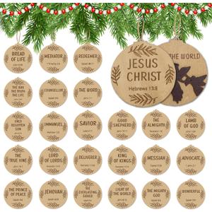50 PCS Names of Jesus Christ Christmas Ornaments, 3 Inch Rustic Wood Religious Ornaments with Savior Names and Jesus Scene for Religious Gift, Christmas Tree Holiday Wedding Decor