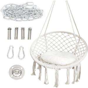 Hammock Hanging Swinging Chair,Hanging Cotton Rope Swing Chairs with Cushion and Hardware Kits, Hanging Chairs for Indoor Balcony and Outdoor Use,Perfect for Bedroom, Porch, Kids, Adults, (330 Lbs)