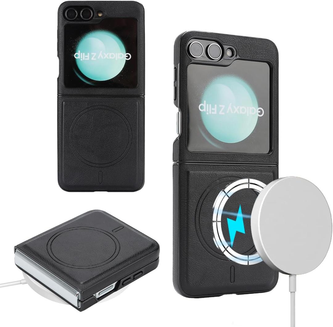 Magnetic case for Samsung Galaxy Z flip5,Support Wireless Charging, Premium PU Leather & Shockproof, Protective Cover for Samsung Galaxy flip5 (Black)