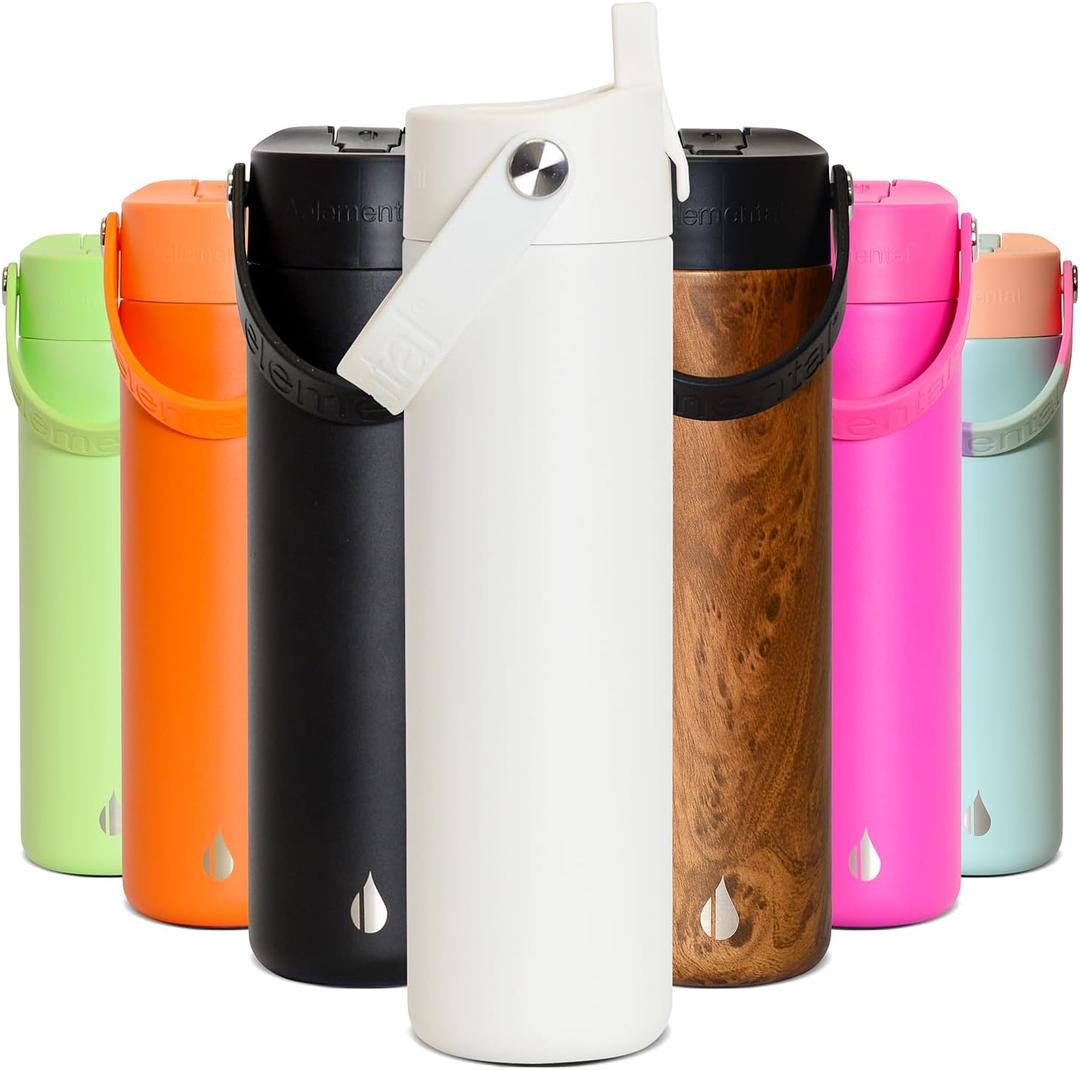 Elemental 24oz Insulated Water Bottle with Straw - 100% Leak-Proof Stainless Steel Core Water Bottles for Travel, Sports and Gym - Double Wall Insulation & BPA Free - White