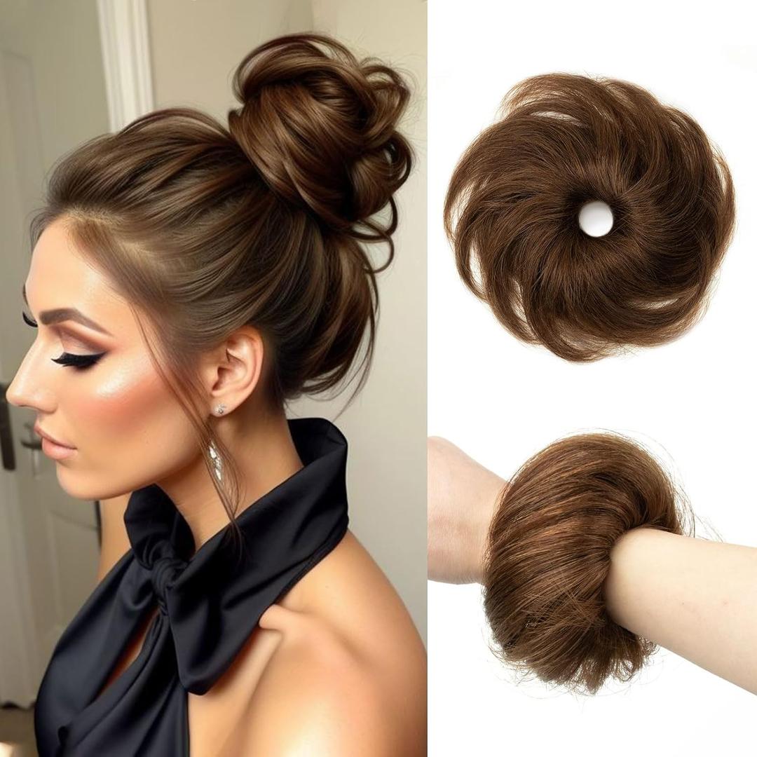 1PCS Messy Bun Hair Piece Human Hair #04 Medium Brown Thick Updo Curly Wavy Chignons Scrunchies Hair Buns for Women Bun Donut Updo Hair Pieces Bun Extension (Small)