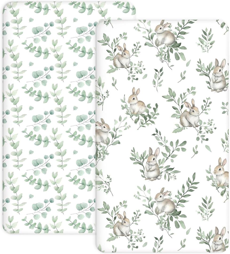 Crib Sheets for Boys and Girls, 2 Pack Fitted Baby Sheets for Standard Toddler Mattress 28" x 52", Soft Breathable Jersey Knit Baby Bedding (Bunny Meadow)
