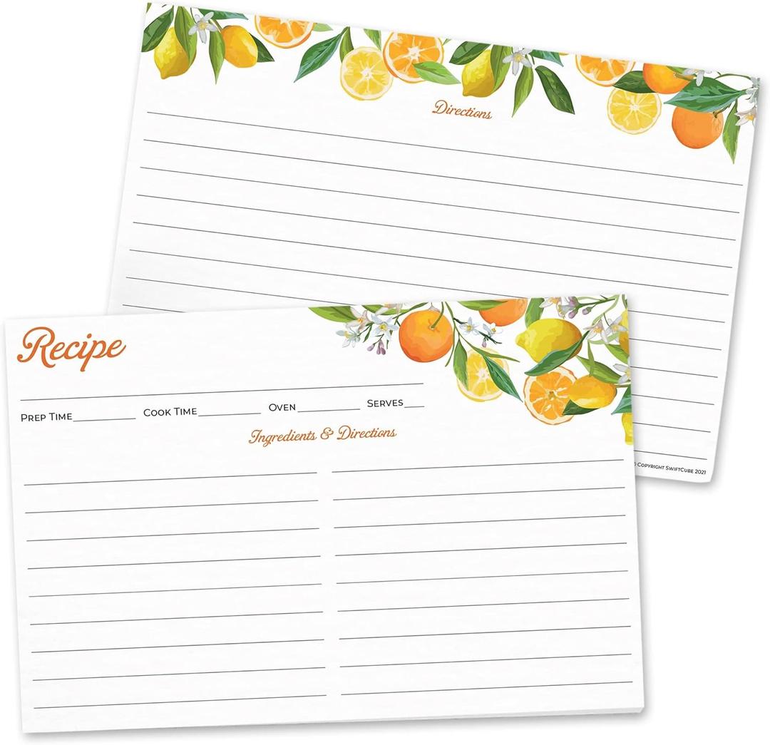 60 Pack | Recipe Cards 4x6 Double Sided | Orange & Lemon Design | Premium Durable | Easy to Write On | Blank Recipe Cards