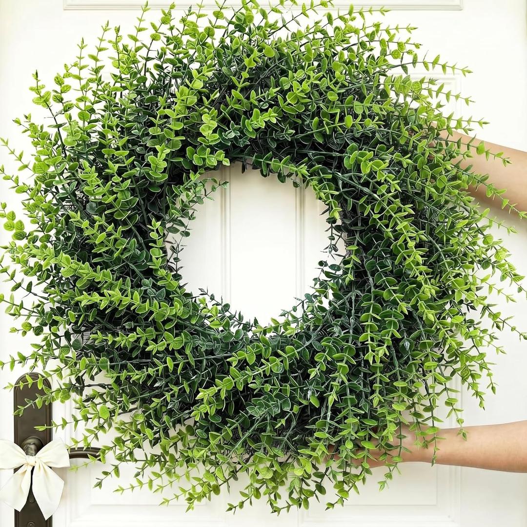 26''Large Artificial Boxwood Wreath for Front Door, All Year Round Greenery Wreath Home Decor Artificial Spring Summer Greenery Hanging for Wall Farmhouse Wedding Indoor Outdoor Decor(Include Ribbon)