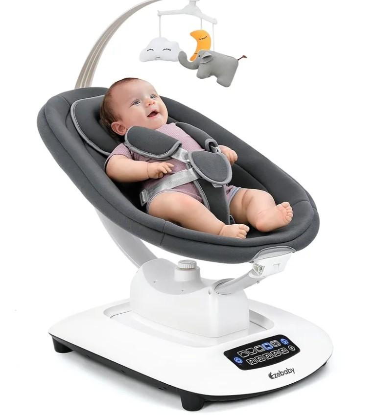 Ezebaby Baby Swing for Infants and Newborns with 5 Unique Motions, Adjustable Speed and Positions, Lullabies, Infant Swing with 5-Point Harness, Baby Swing for Newborn Babies 0-9 Months Grey