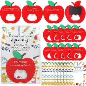 Quelay 10 Sets Christmas Teacher Thank You Gifts Apple Shape Bottle Opener Fridge Magnet with Card Teacher Refrigerator Bottle Openers Appreciation Gifts for Xmas School Party Favor