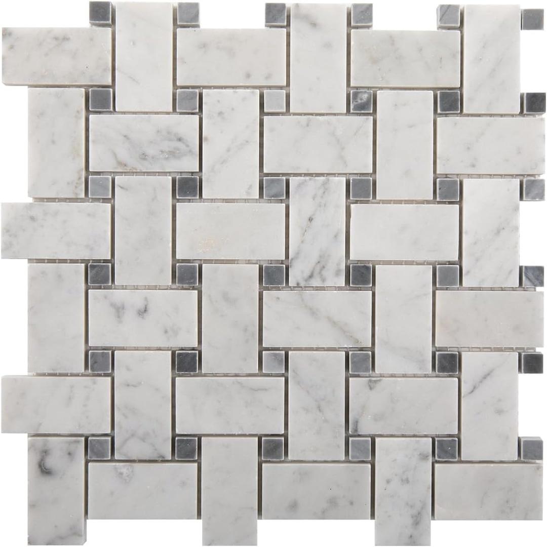 Carrara White Marble Mosaic Tile, 1x2 Inch Basketweave Marble Mosaic Tile for Kitchen Bathroom Wall Floor Backsplash Shower, 100% Natural Marble, Polished, 5 Sheets (12 Inch Basketweave)