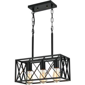 KEESFU Black Farmhouse Kitchen Island Lighting, 3 Lights Pendant Lighting Fixtures, Adjustable Height, Industrial Dining Room Light for Living Room Foyer Dining Table Over Sink.