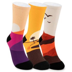 Deepfuls Desert Sunset Crew Socks for Women Men, 3 Pairs Mountain Sun Palm Tree Bird Pattern Novelty Socks, Colorful Scenic Casual Dress Socks