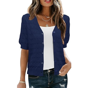 IECCP Cardigan Sweaters for Women Short Sleeve Lightweight Open Front Crochet Knit Shrugs 2025 Womens Fashion (Medium, Navy Blue)