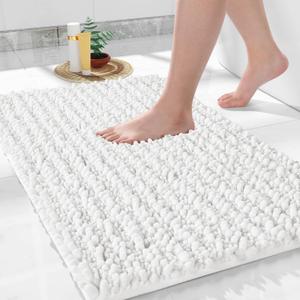 Yimobra Bathroom Rugs Non Slip Washable 32x20 Inch - Ultra Soft Absorbent Chenille Bath Mat, Quick Dry Shaggy Floor Carpet for Tub Shower, White Home Decor Accessories