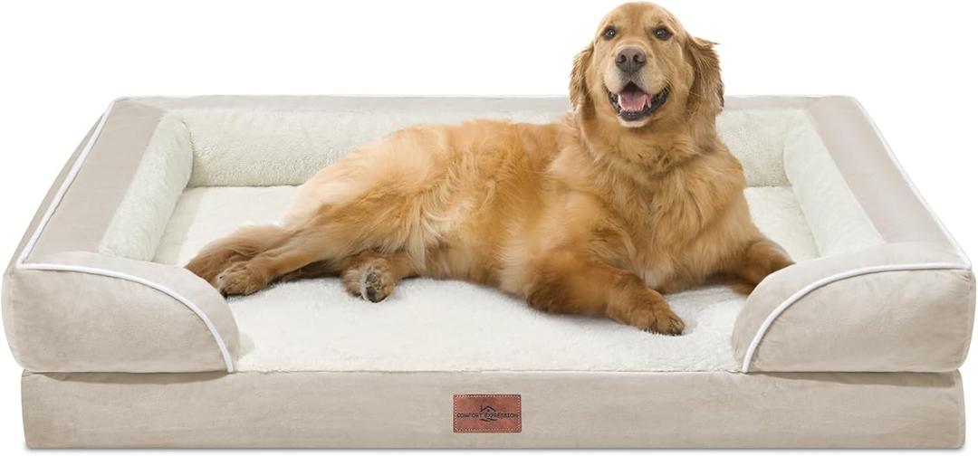 Comfort Expression Orthopedic Dog Bed for Extra Large Dogs 42x30 Inch, Waterproof Supportive Egg Crate Foam XL Pet Bed with Removable Bolsters, Dog Couch with Washable Cover & Non-Slip Bottom, Beige