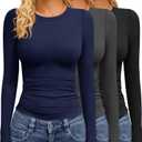 GAYHAY 3 Pack Long Sleeve Shirts for Women Basic Tops Crew Neck Fitted Tight Workout Tees Y2K Clothes Going Out Fashion 2025 (Medium, Black,grey,navy)