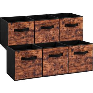 Stero Fabric Storage Cubes, 6 Pack Foldable Storage Bins with Handle, 11 Inch Box for Shelves, Closet, Organizer, Rustic Brown and Black