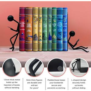 Ottimo Heavy Duty Metal Unique Office Desk Bookends for use as Bookshelf Decor, Home, Office or Kitchen Shelves. Unique, Cute and Decorative Book Stopper to Hold Books, Great Gift Idea (Black)