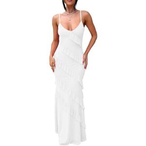 HOCILLE Women's Sexy V Neck Backless Bodycon Spaghetti Strap Elegant Ruffle Maxi Cocktail Party Dresses (Medium, White)