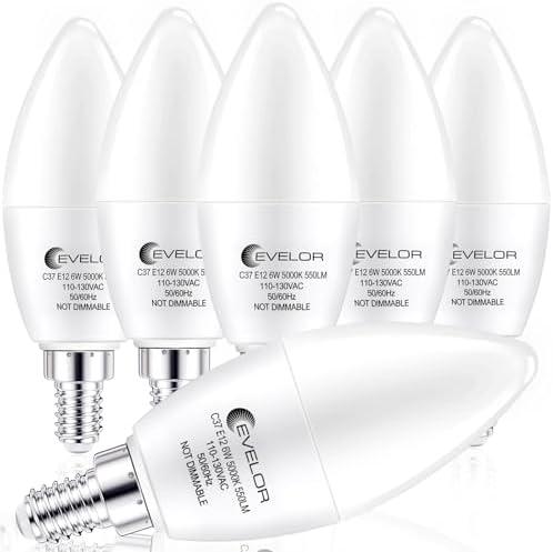 evelor E12 LED Candelabra Light Bulb,40 Watt Equivalent Daylight White 5000K,Efficient 6W Candle Chandelier Bulbs,550 Lumens Non-Dimmable Small Light Bulbs,20000 Hours, 6-Packs