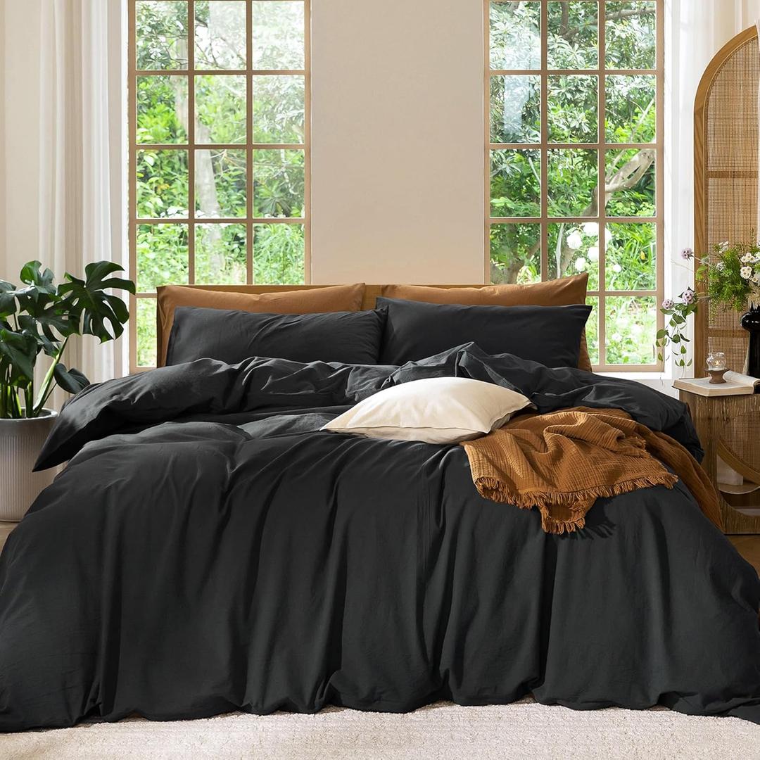 MooMee Bedding Duvet Cover Set 100% Washed Cotton Linen Like Textured Breathable Durable Soft Comfy (Solid Black, Twin 68"x90")