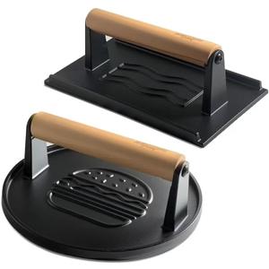 Cast Iron Smash Burger Press (2PCS),Grill Bacon Meat Press Tool,Perfect for Blackstone, Camp Chef, Weber Grills & Indoor Griddles  BBQ & Cookout Must-Have (Round & Rectangle -Grooved)