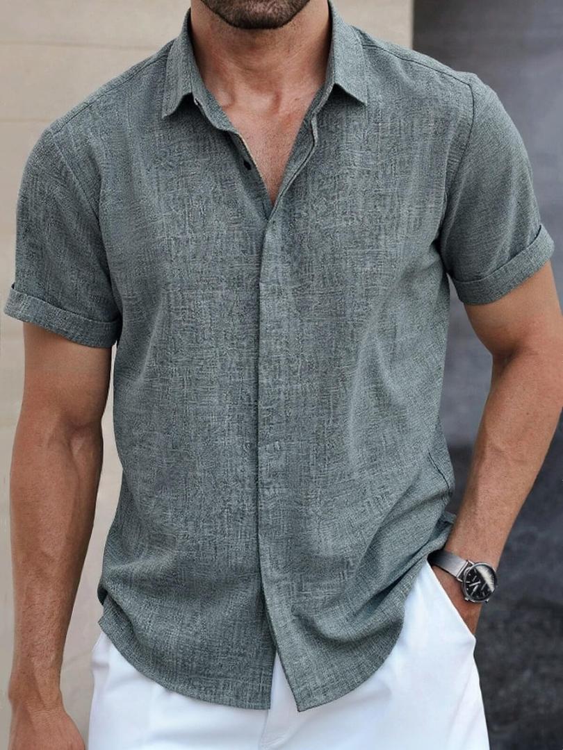 Men's Shirts V-Neck Short Sleeve Casual Button Down Shirt Solid Color Summer Beach Business Shirt Black S