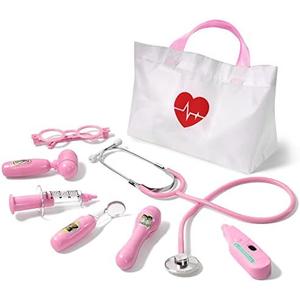 Phobby Kids Doctor Kit, 8 Pieces Toddlers Doctor Playset with Medical Storage Bag & Real Stethoscope, Pretend Play Doctor Toys Birthday Gift for Boys Girls Aged 3 4 5 6 (Pink)