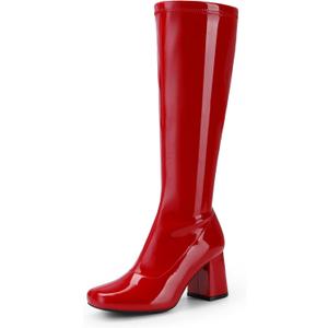 DREAM PAIRS Women's Gogo Boots Square Toe Chunky Wide Calf Knee High Boots For Women (5.5, Red/Patent/Pu)
