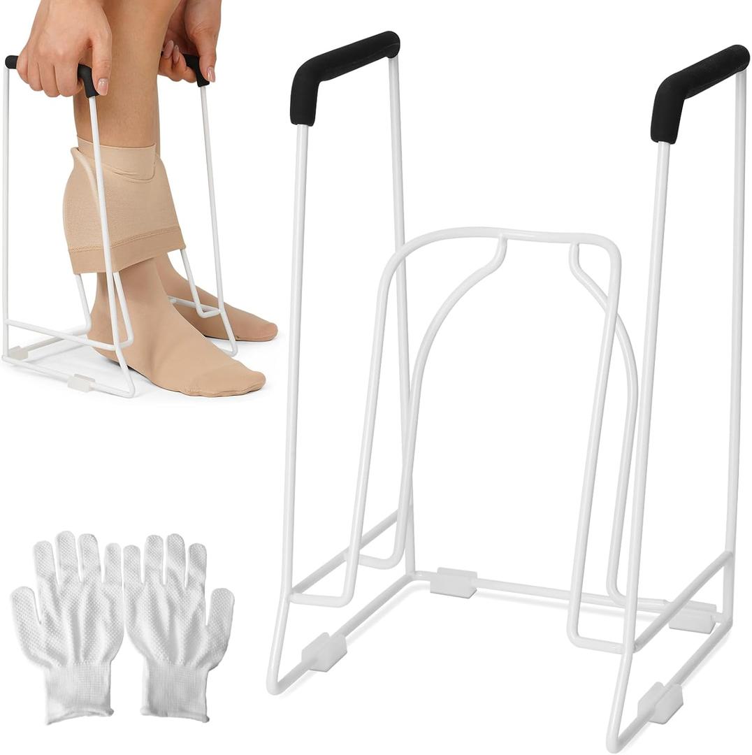 Compression Sock Aid Device Stocking Donner for Seniors, Adaptive Sock Putting-On Tool, Medium Calf (<18), Compatible for JOBST, SB SOX, CHARMKING, White