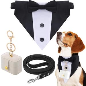 3 Pcs Dog Wedding Collar Outfit Include Dog Tuxedo Attire Wedding Ring Bearer Ring Holder Pouch Box Adjustable Pet Neck Bow Tie with Leash (M)