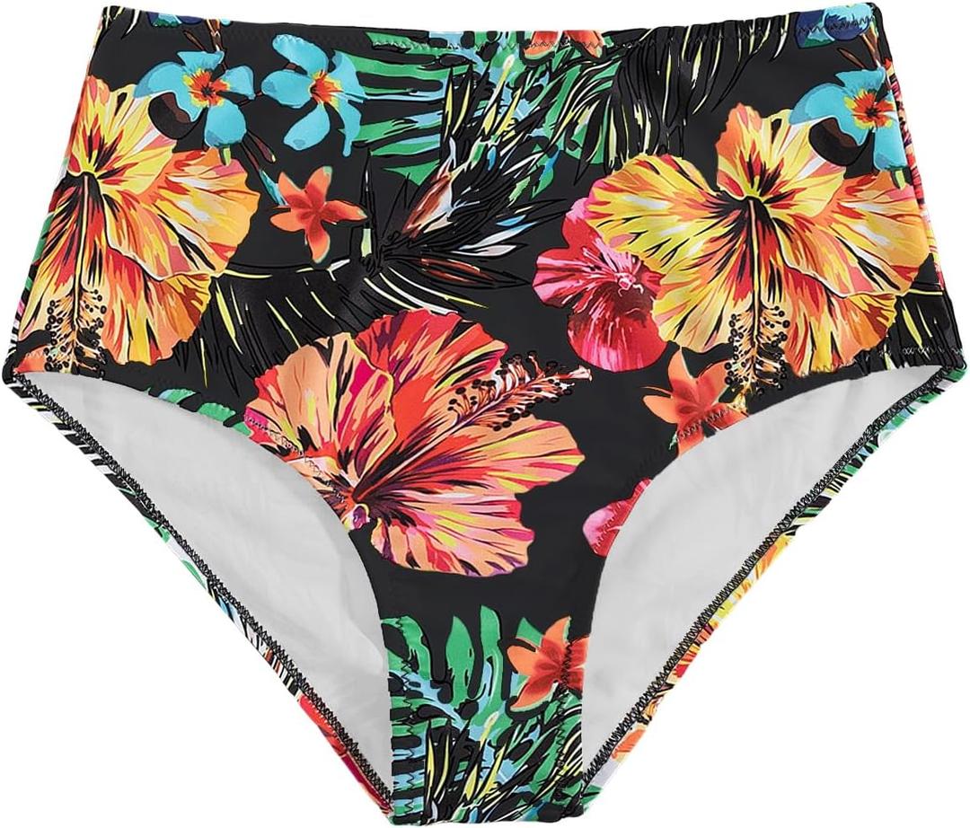 MakeMeChic Women's High Waisted Bikini Bottoms Floral Tropical Print Summer Swim Bottom (Large, Black)