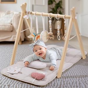 Wooden Play Gym with Beige Mat, Foldable Baby Play Gym, Infant Activity Mat with 6 Hanging Toys, Natural Pine Wood Frame Activity Center, Easy to Assemble & Clean, Newborn Present for Boys & Girls