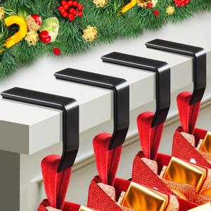 Loncaster Christmas Stocking Holders for Mantle Set of 4, Upgrade Non-Slip Stocking Hangers for Mantel Christmas Decorations, Metal Stocking Hooks for Fireplace Tabletop Shelf Xmas Decor, Black