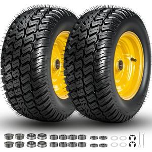 16x6.50-8 Tubeless Tire and Wheel, 4 Ply 16x6.5-8" Lawn Mower Tires with 3/4" Bearings with Extra 5/8" Bearings and 1" Bushings, 3"-5.8" Offset Hub, Fit Riding Mower and Garden Tractor Front Wheels, 16x6.50-8 2P YellowOffset Hub